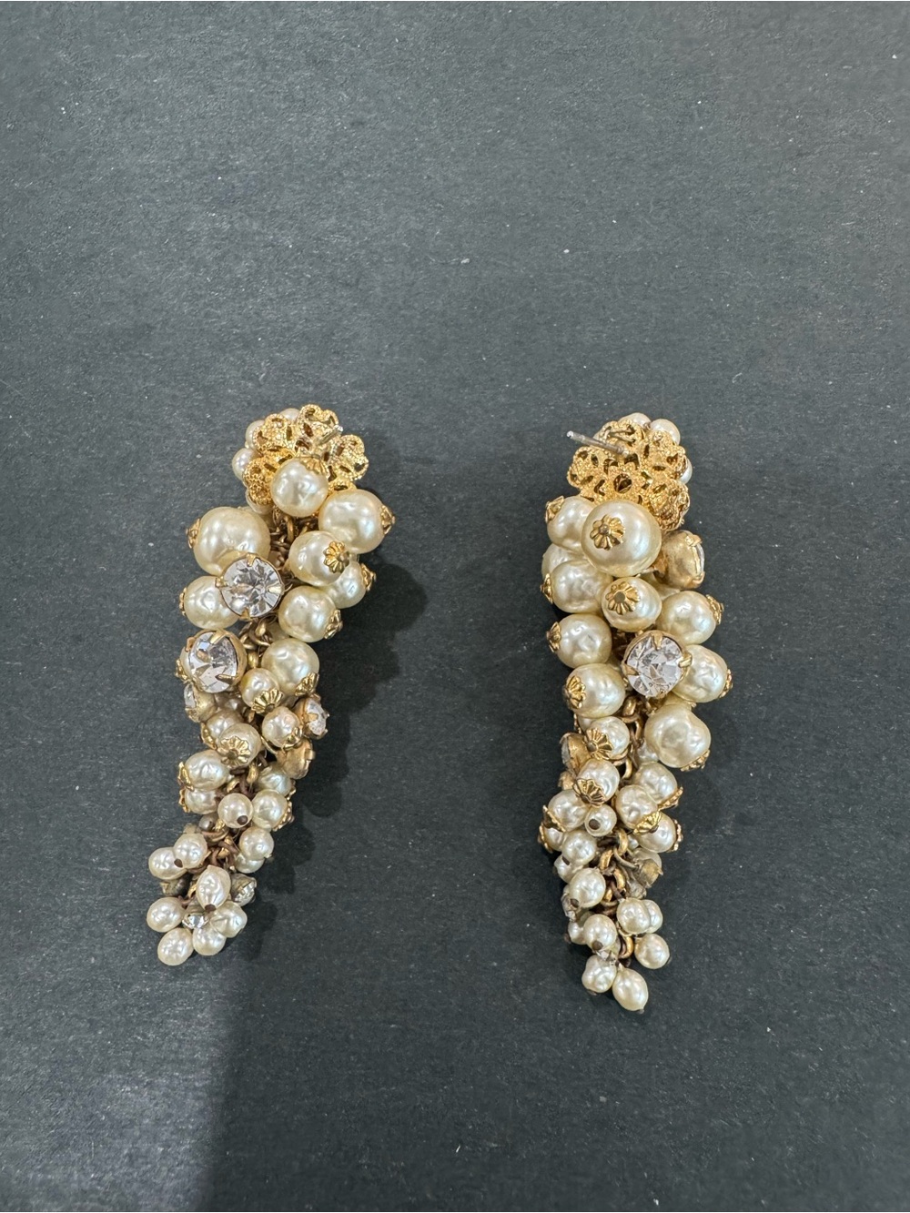 Miriam Haskell Gold-Tone Pearl and Crystal Cluster Drop Earrings